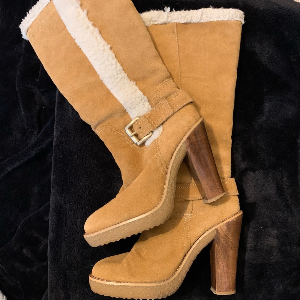 Michael Kors Sherpa and suede wood heeled buckle boots